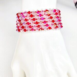 Handmade Crystal Cuff Bracelet – Red, Pink & AB Beads, Valentine's Day Gift